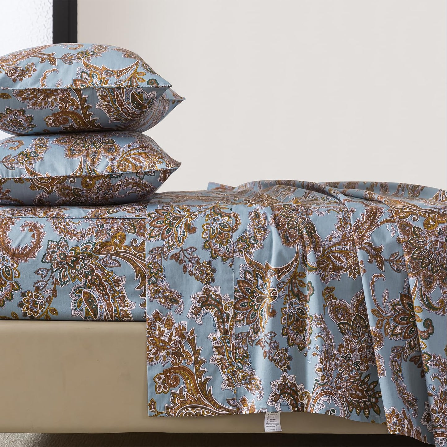 FADFAY Luxury Queen Percale Cotton Sheet Set – Elegant Vintage Blue Paisley Bedding, Ultra Soft & Breathable, Deep Pocket Fitted Sheet, Timeless French Country Heirloom Style, 4 Piece Set