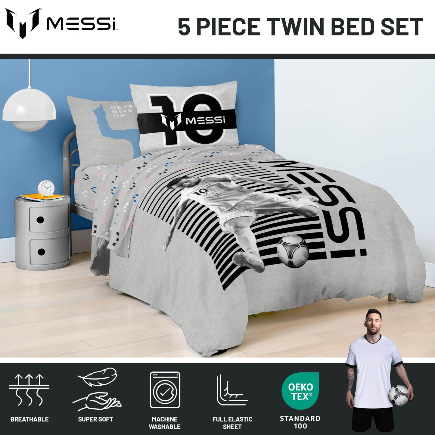 Jay Franco Kids Comforter Set Includes Sheets and Pillow Cover - Soft and Cozy Bed Set for Stylish Room Décor, Grey - Messi, 5 Piece Twin