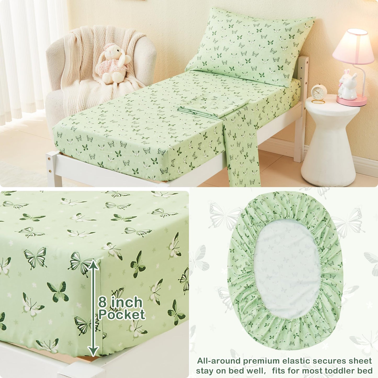 Mooreeke 4 Pieces Toddler Bedding Set - Soft Sage Green Butterfly Toddler Comforter Sets for Girls, Includes Quilted Comforter, Flat Sheet, Fitted Sheet and Pillowcase, Bed in A Bag for Baby Bedroom