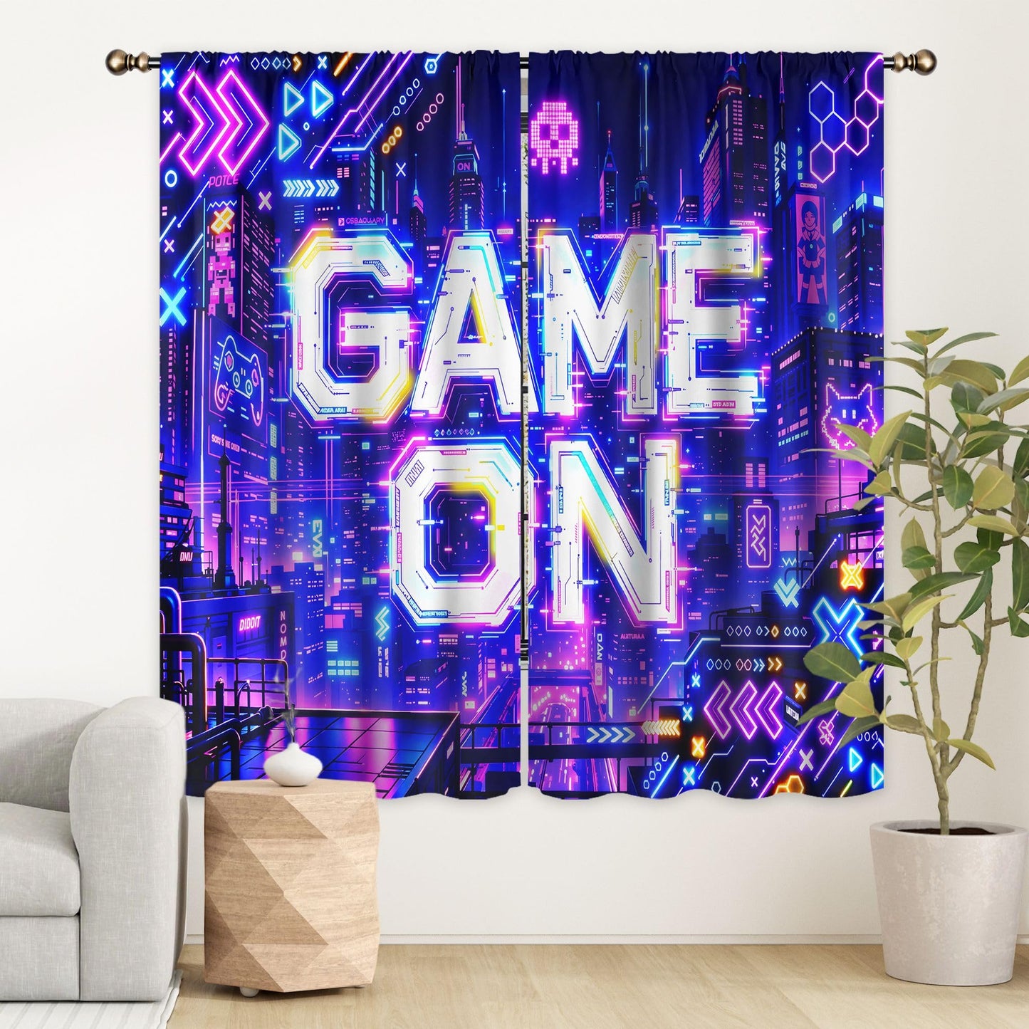 LIGHTINHOME Neon Game Curtains 42Wx63H Inch Boys Modern City Night Video Games Boys Cool Game On Urban Gaming Quotes Skulls Rod Pocket Bedroom Living Room Window Drapes Treatment Fabric 2 Panels