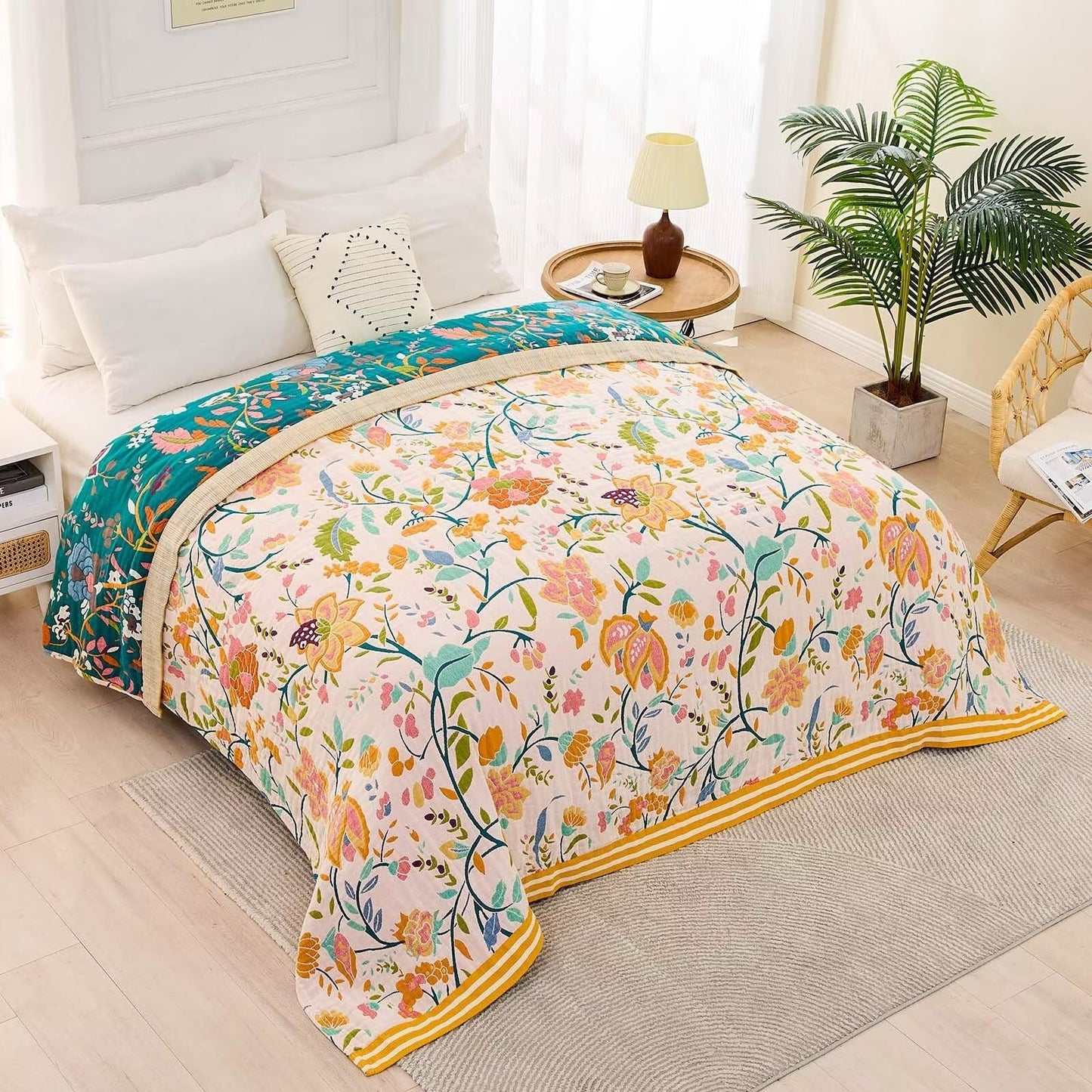 XIBLC Boho Throw Blanket for Bed, 100% Cotton Soft Rustic Quilt Fall Blanket, 60"x80" Floral Printed Farmhouse Decor Bed Blankets, All Season Rustic Reversible Bohemian Throw Quilt