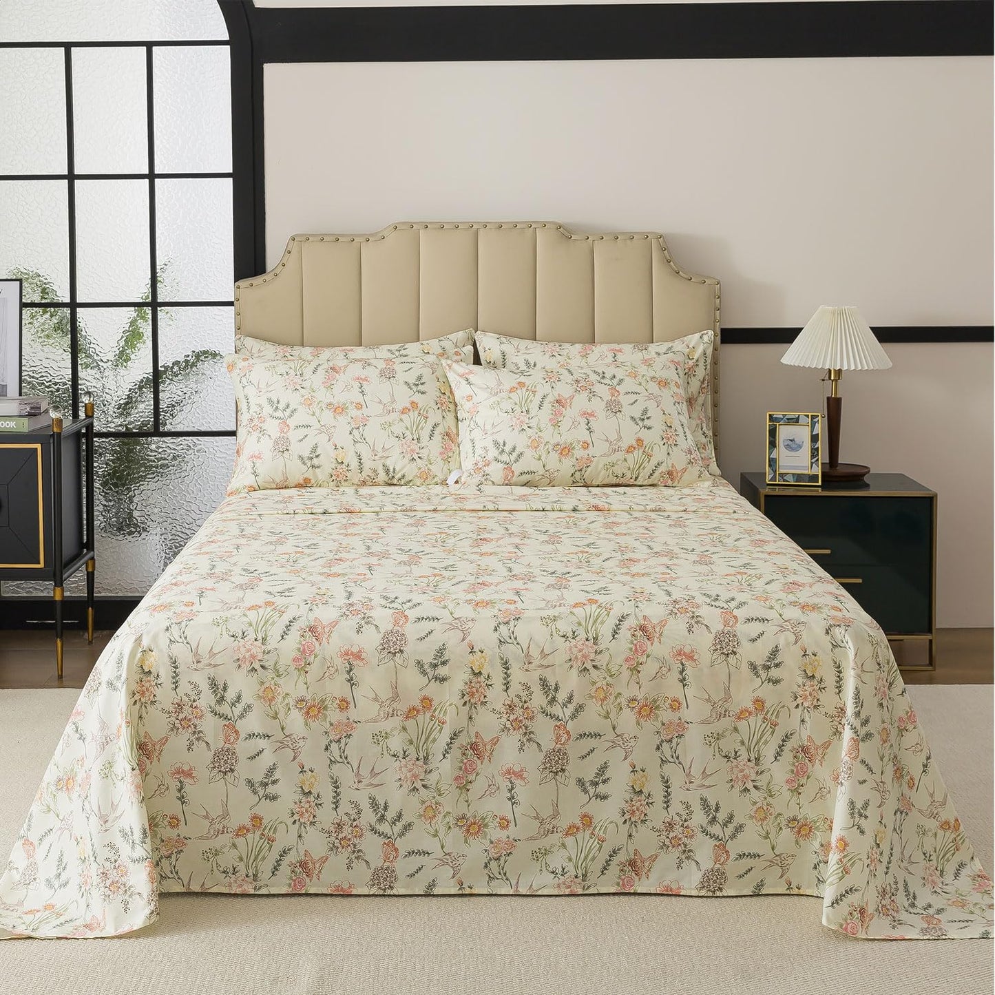 FADFAY Queen Size Sheets Set – 4 Pieces 100% Cotton Deep Pocket Fitted Sheet, Crisp, Breathable & Soft, Country Style Floral & Butterfly Pattern for All Seasons