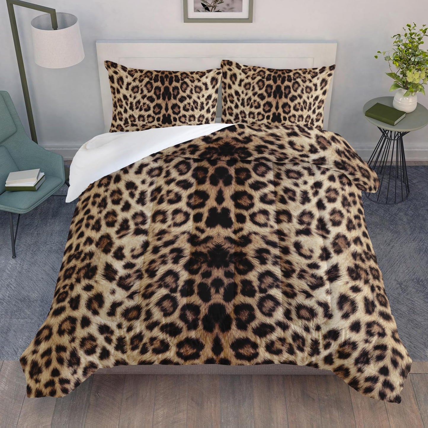 QOOMO 3Pcs Leopard Print Comforter Set Twin,Cheetah Bedding Set for Teens Boys Girls,Brown Leopard Printed Comforter with 2 Pillowcases,Down Alternative,Soft and Lightweight