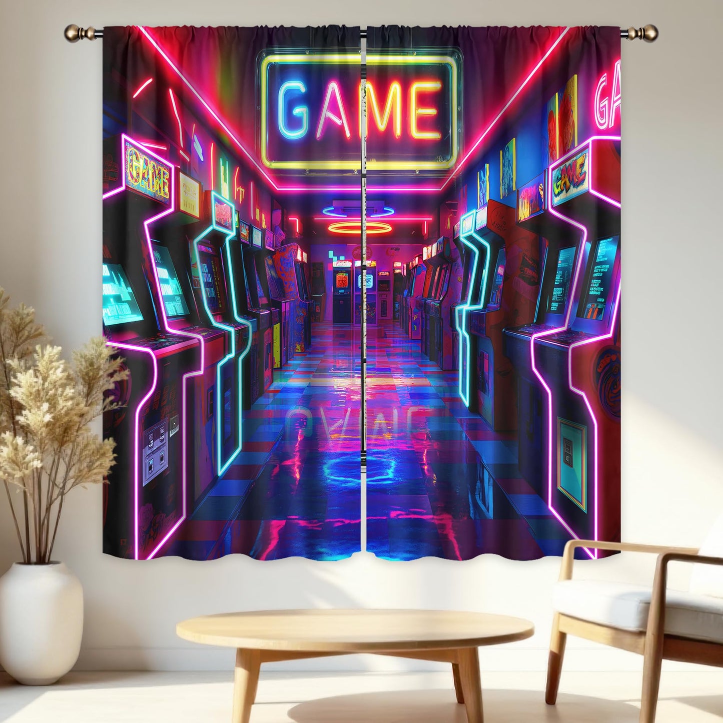 LIGHTINHOME Neon Arcade Game Curtains 42Wx63H Inch Retro Gamer Video Arcade Gaming Cool 80s 90s Window Curtains for Boys Bedroom Kids 2 Panels Rod Pocket Living Room Window Drapes Treatment Fabric