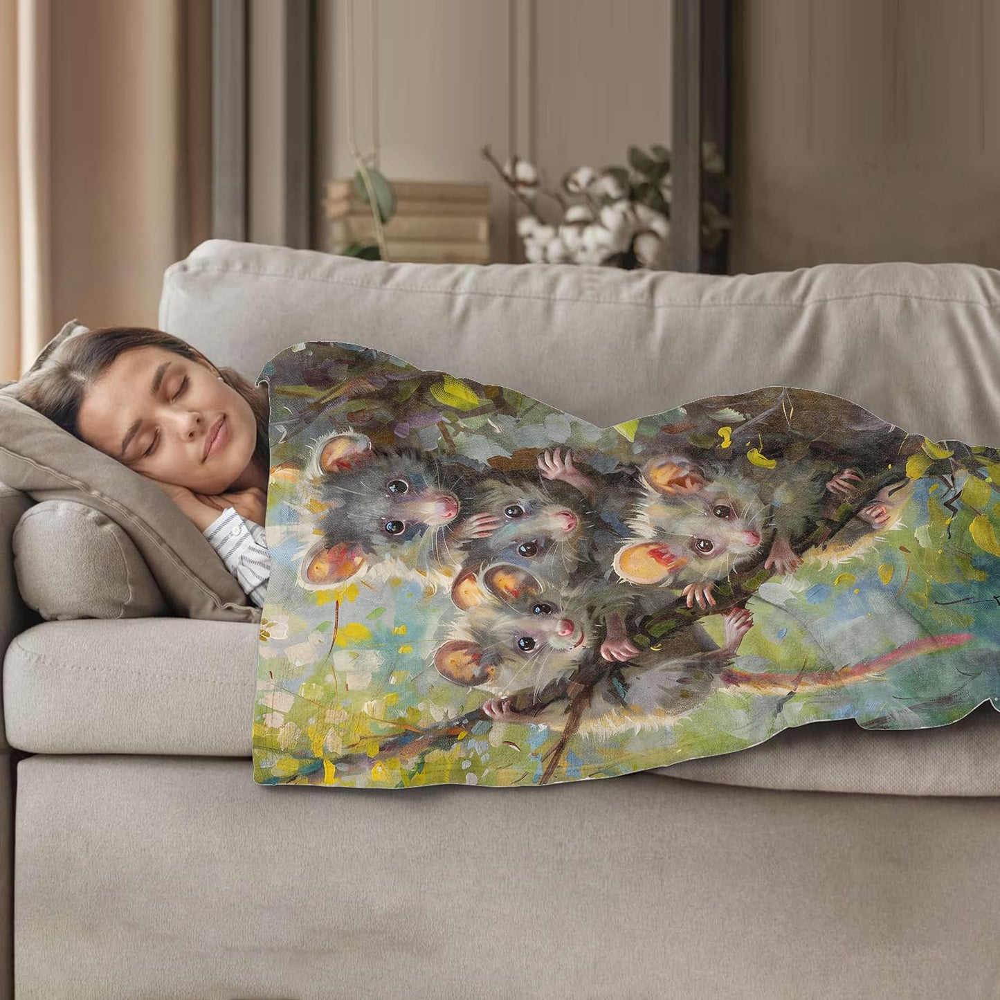 Plistiz Cute Possum Family Throw Blanket for Women Girls Boys, Soft Flannel Blankets Gifts for Living Room Couch, Home, Sofa Decor, 50"x60"