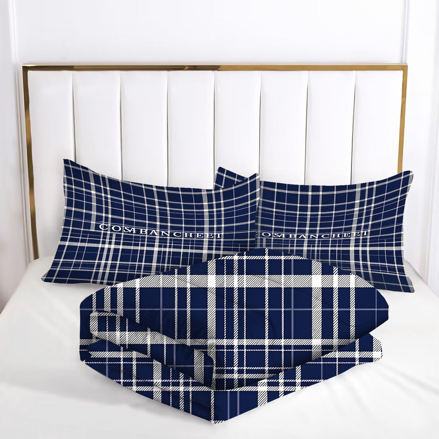 VTKON Navy Blue Plaid Comforter Set for Boys Full Size, Classic Preppy Check Bedding Set for Boys Teens, Timeless Navy and White Bed Sets for Dorm with 2 Pillowcases