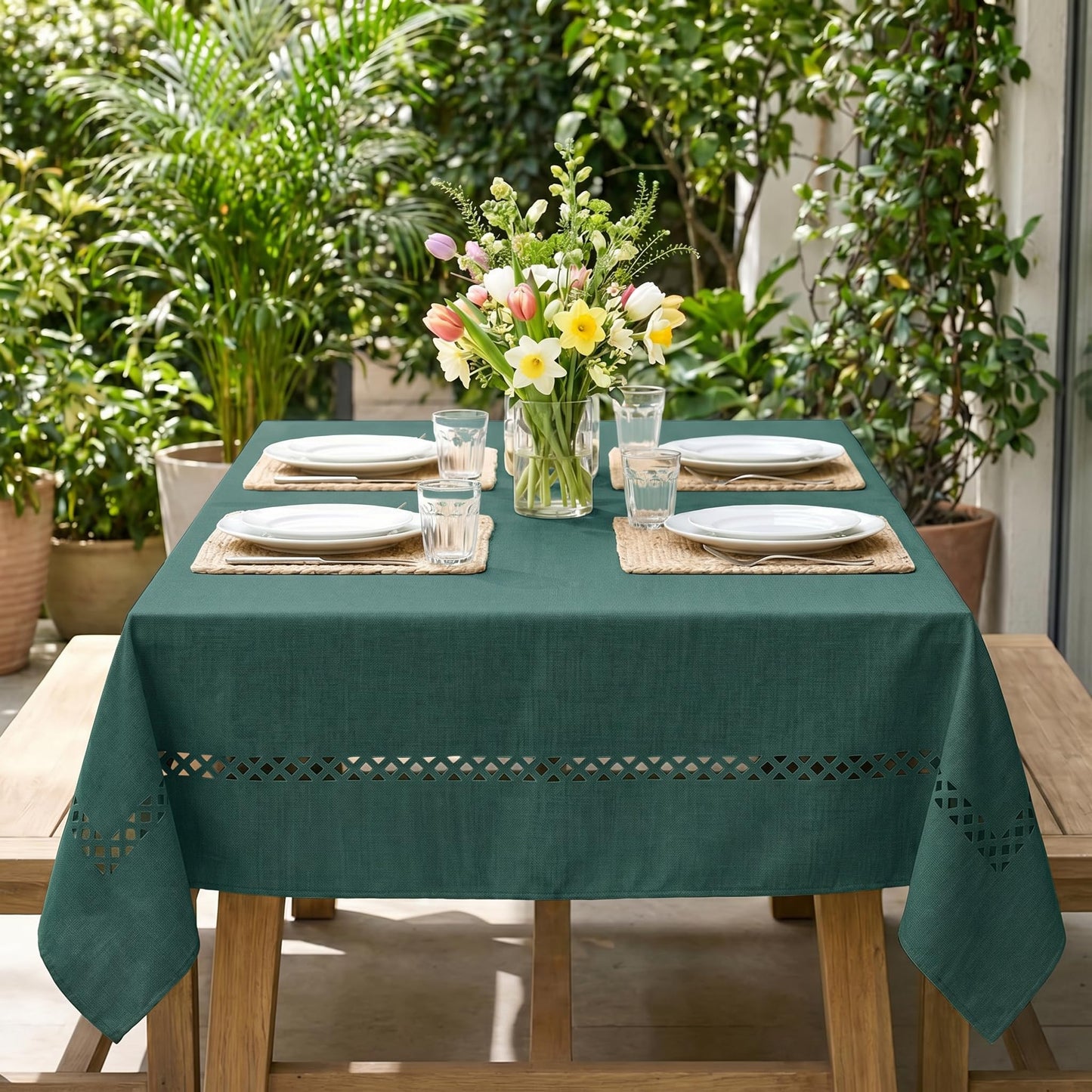 Horaldaily Green Farmhouse Style Tablecloth with Decorative Cutouts, 60×84 Inch Rectangular Polyester Table Cloth, Wrinkle Resistant Washable Table Cover for Dining Wedding and Outdoor