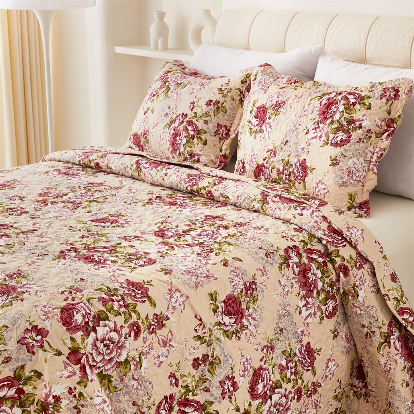 Cmfshape Summer Floral King Quilted Bedspread,Romantic Red Quilt Set,Reversible Stitched Bedding Cover All Season,Soft Lightweight Coverlet with Pillow Cases (Red Rose, King(102"x90"))