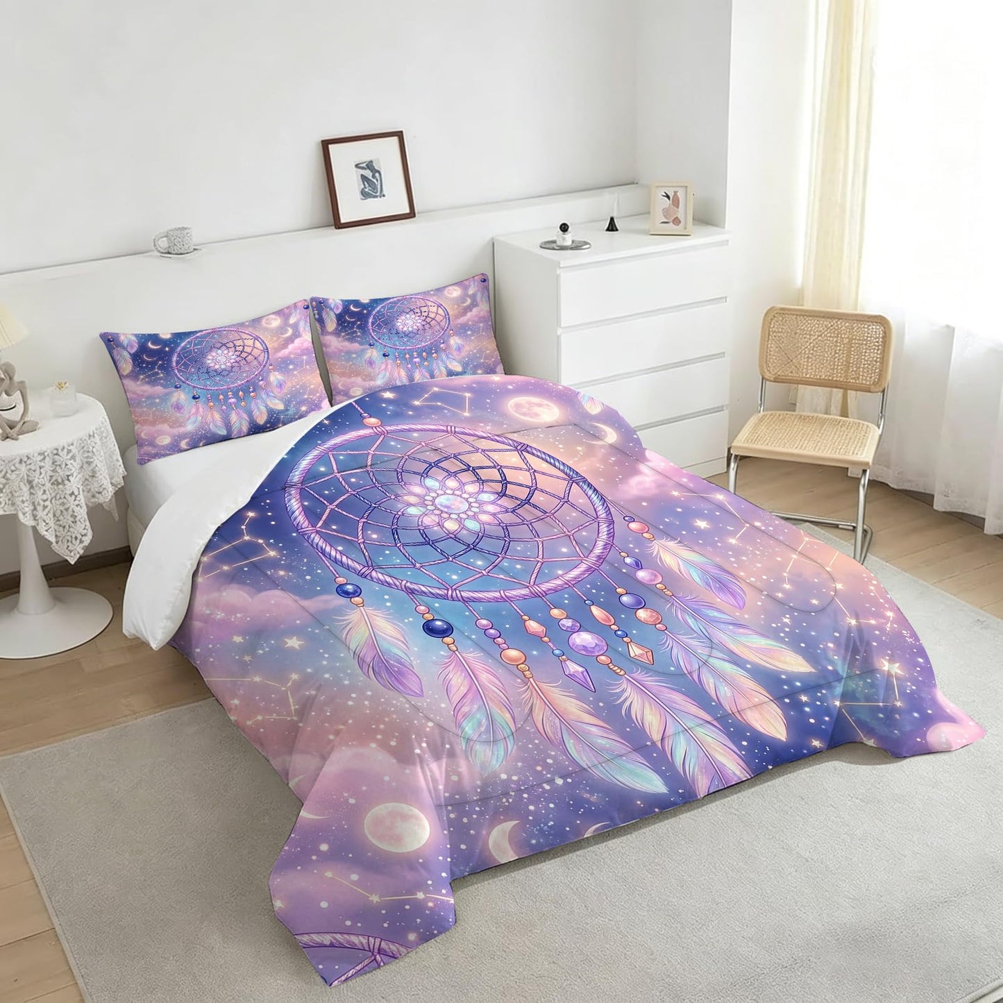 DJNEAR Purple Dream Catcher Comforter Set, Boho Galaxy Star Moon Print Bedding Set Twin Size for Kids Boys Girls Teens, Soft Microfiber Room Decor 1 Comforter 1 Pillowcase