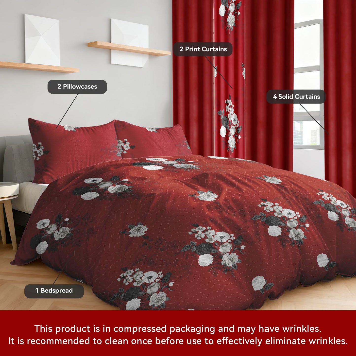 Deepsleep Queen Bedspread Set 9 Pieces, All Season Luxury Bed in a Bag for Bedroom, with 2 Pillowcases and 6 Curtains, Ultra-Soft Microfiber for Complete Bedroom Decor, Red and White Floral