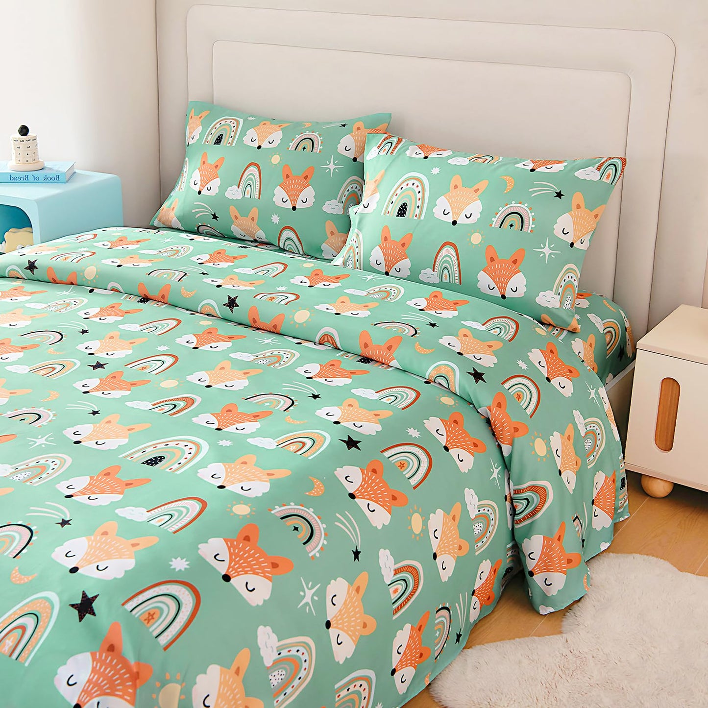MICORAL Kids Twin Sheet Set, 3 Pieces Sheets for Boys & Girls, Soft Printed Microfiber Bed Sheets, Deep Pocket Cozy Toddler Bedding Set, Fox