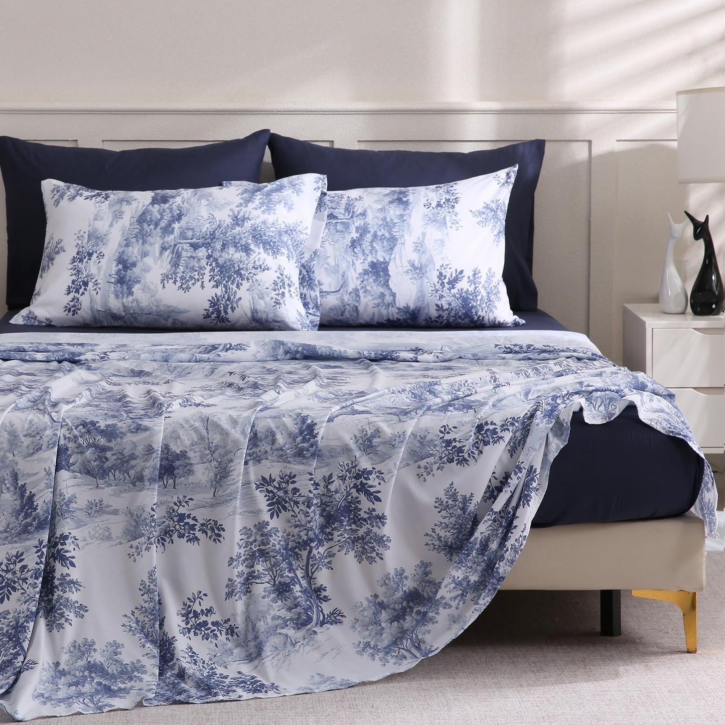 LONAVA Botaincal King Size 6 Pcs Sheet Set, Breathable Microfiber Deep Pocket Navy Fitted Sheets, Comfy & Breathable Patterned Flat Sheets,4 Gentle Soft Pillowcases, Blue Forest