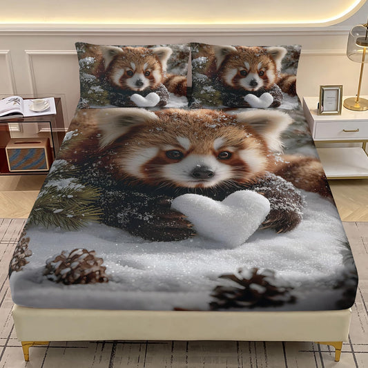 AILONEN Kawaii Red Panda Fitted Sheet Set Full,Lovely Snow Panda Deep Pocket Sheets with 2 Pillowcases,3-Piece Winter Forest Wild Animal Bed Sheet Set for Boys Girls