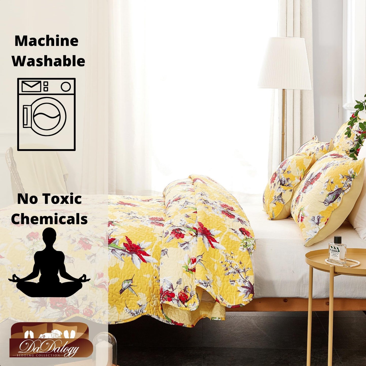 DaDa Bedding Radiant Sunshine Yellow Floral Bedspread Set - Hummingbirds Farmhouse Red Flowers Garden Quilted Coverlet - Scalloped Edges Bright Vibrant Multi-Colorful - Queen - 3-Pieces
