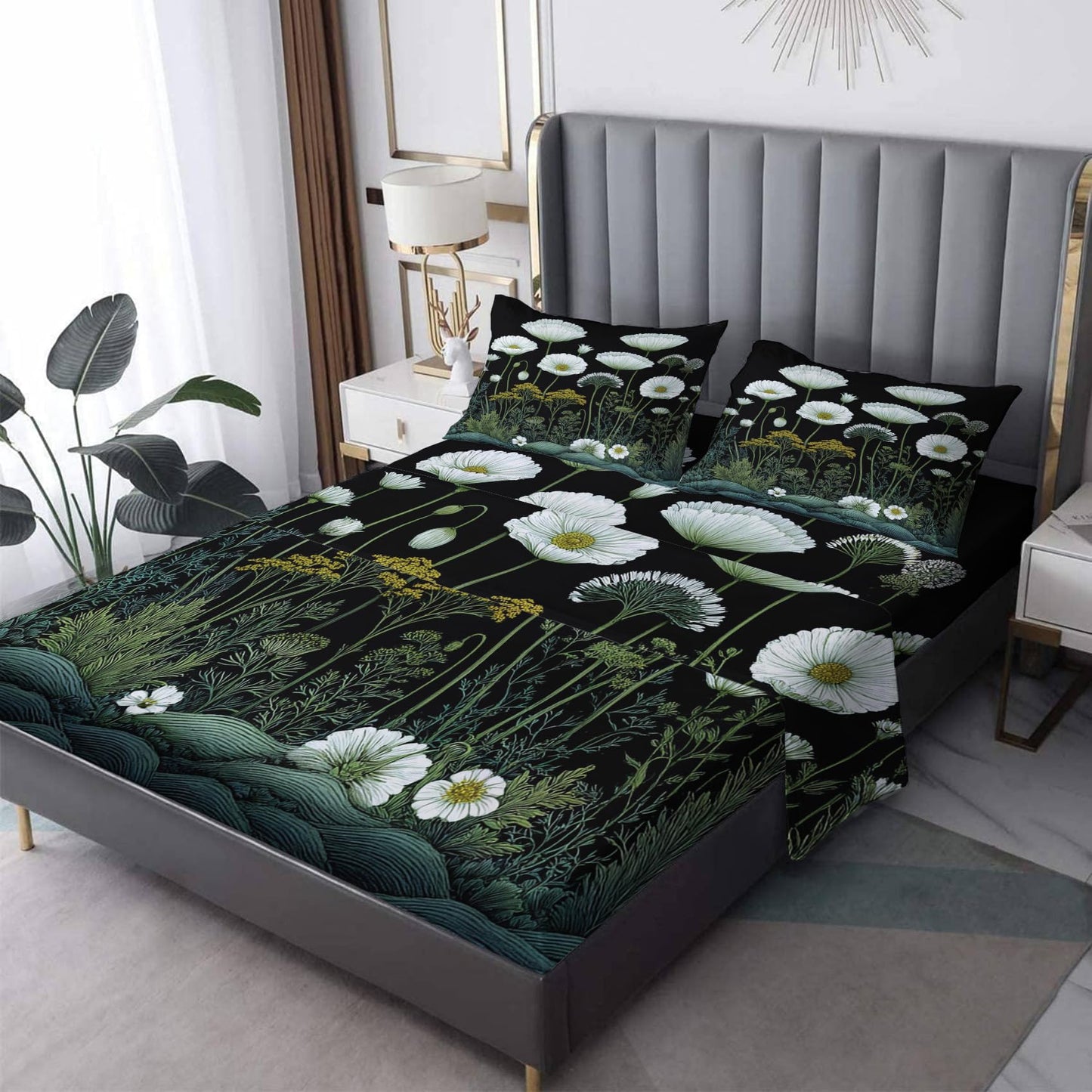 Wildflower Sheets Split King Size - White Floral Green Botanical Bed Sheet Set - Deep Pocket Soft Microfiber Bedding Set 5 Piece - Fitted Flat Sheet Pillowcases - Wildflower Bedroom Decor & Gifts