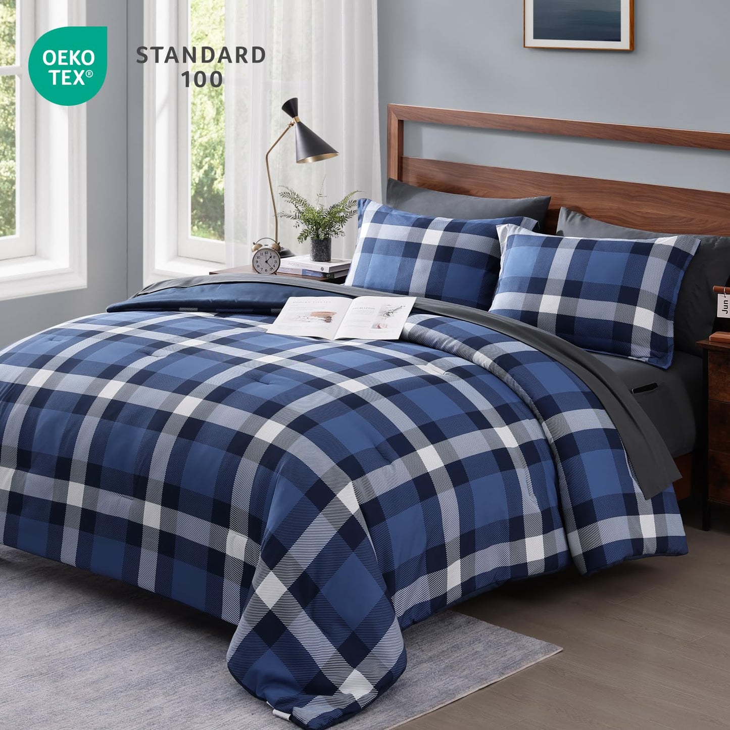 MaiRêve Queen Size Plaid Comforter Set Indigo Blue, Classic Checkered 7 Pieces Farmhouse Bedding Set, All Season Lightweight Bed in A Bag with Sheets, Pillowcases & Shams