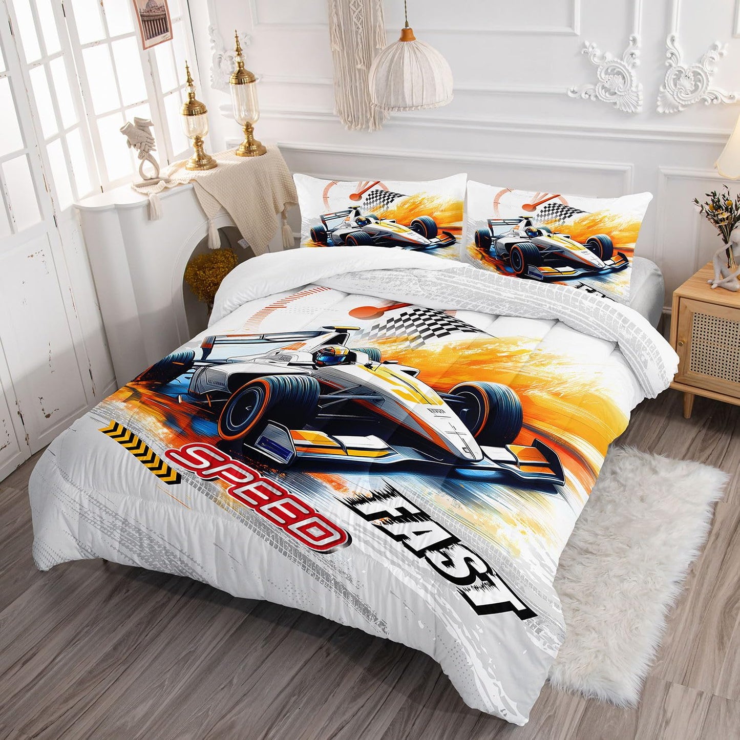 Smell Sunshine Racing Car Comforter Set Extreme Sports Printed Bedding Set with 1 Comforter and 2 Pillowcases for Boys and Girls Bedroom All Season(Car Twin)