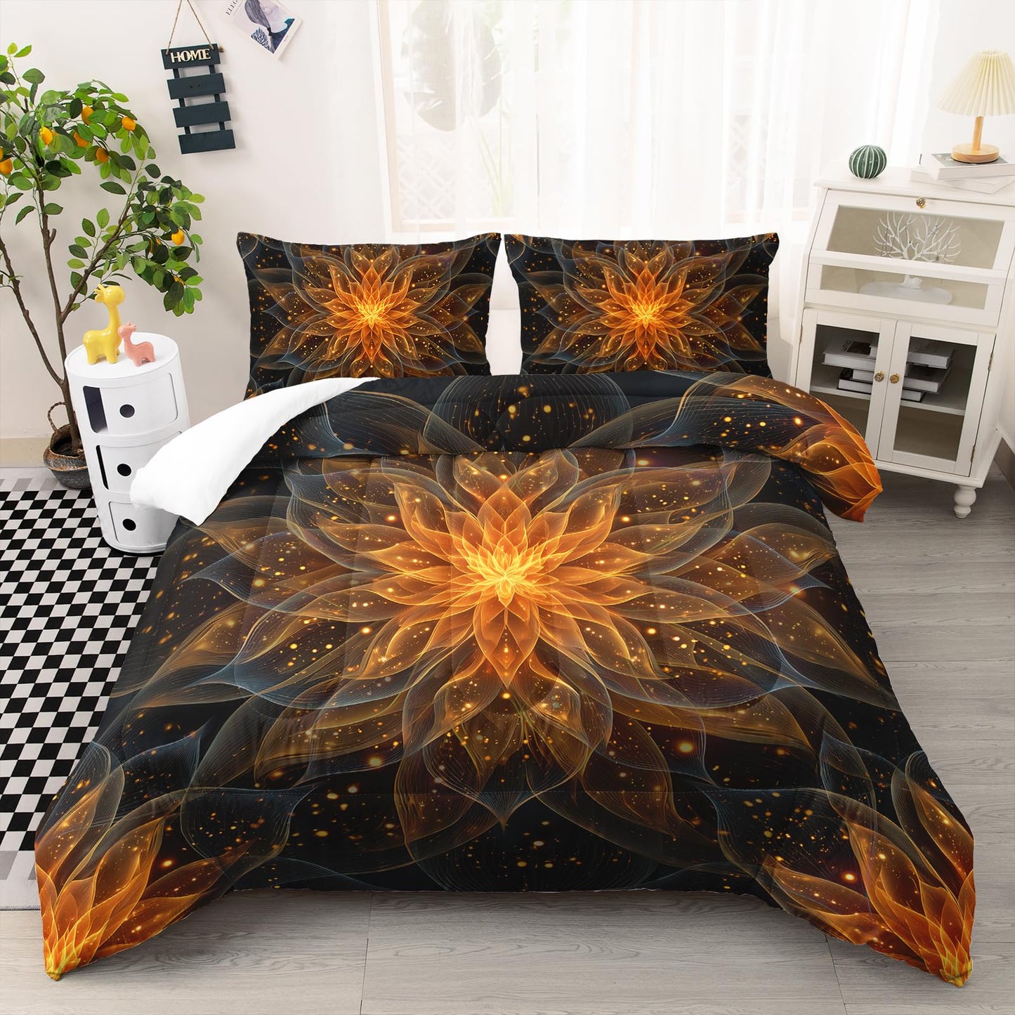 AILONEN Gold Lotus Queen Size Comforter Set - Boho Mandala Floral Duvet with 2 Pillowcases - 3Pcs Exotic Flowers Printed Black Bedding Set for Boys Girls