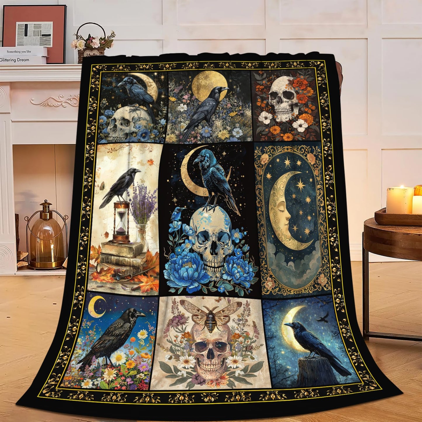 Gothic Raven Blanket Soft Fuzzy Fleece Skull Moon Crow Throw Blankets Decor Cozy Warm Plush Flannel Dark Floral Blanket Gifts for Girls Women Kids Adults Home Decor Stuff Sofa Couch Bed 50"X40"