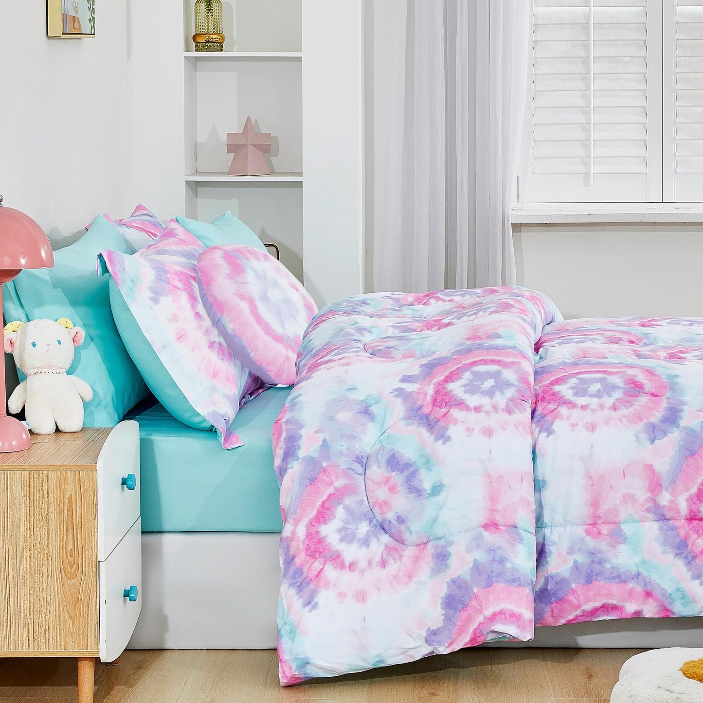 Mooreeke Tie Dye Kids Comforter Bed Set Twin Size for Girls, 6 Pieces Bed in a Bag with Shams, Sheet Set, A Toy Pillow Dark Pink Round Flower Twin Soft Microfiber Kids Comforter Bedding Set