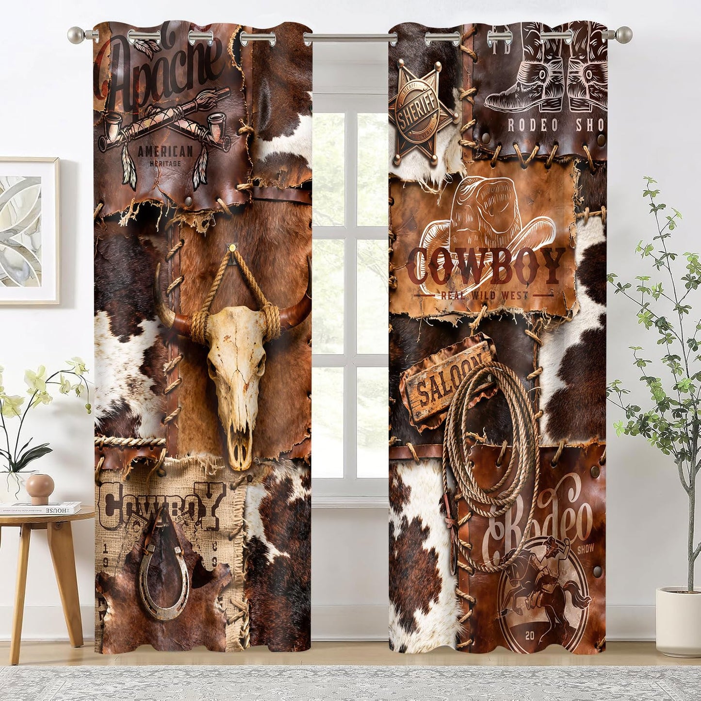 HIYSMT Western Cowhide Blackout Curtains,Cowboy Hat Boots Horseshoe Rope Cow Skull Drapes,4284inch Rustic Farm Animal Skin Window Treatments for Bedrooms Living Room Kitchen,2Panel HI0102YL