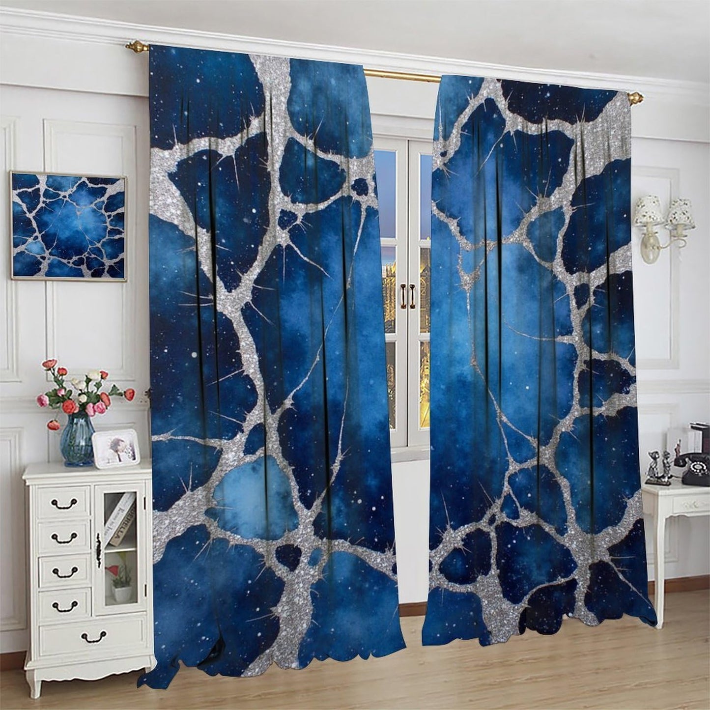 Abstract Marble Silver Line Crack Blackout Curtain, Mystical Neural Network Pattern Curtain Rod Pocket Thermal Insulated Window Drapes for Bedroom Living Room Decor, 21W x 45L Per Panel, 2 Panels