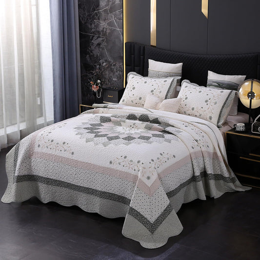 ROOMLIFE Quilt Set Queen Size 3D Floral Embroidery Pattern 3-Piece Cotton Reversible Quilted Embroidered Decorative Bedspreads Coverlet Bedding Set, Lightweight &Soft, All Season(90" X 94") Black