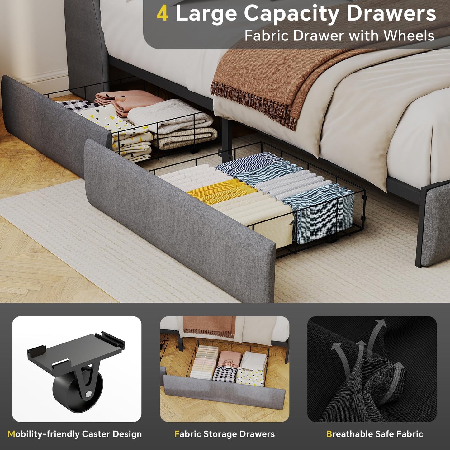 SADENICEL Full Size Bed Frame with Storage Headboard and 4 Drawer, Metal Full Bed Frame Platform with LED Light, Charging Station, No Box Spring Needed, Noise Free, Easy Assembly, Grey