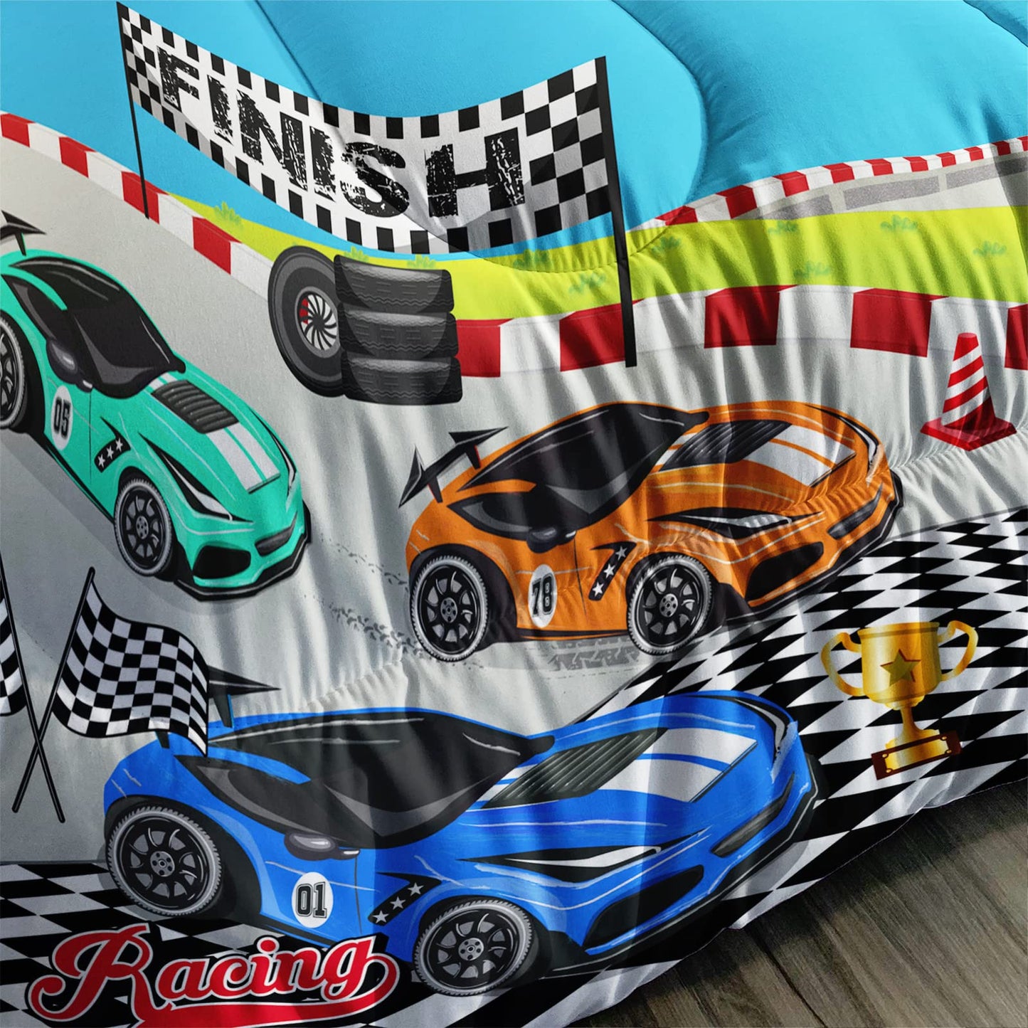 Axolotl Racing Car Bedding Set Twin,Cool Speed Race Car Down Comforter for Kids Boys Girls Teens,Car Theme Quilt with Three Cars Arrive at Finish,1 Comforter and 2 Pillowcases
