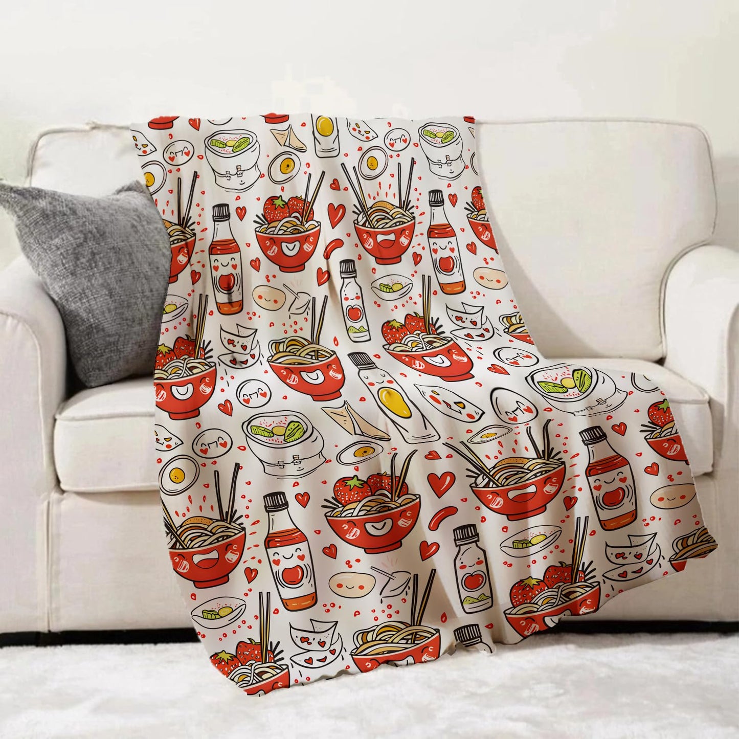 Ramen Noodles Throw Blanket for Adults Kids, 50x60 in, Food Theme Flannel Blankets for Bedroom, Couch, Travel, Home Decor, Fuzzy Soft Cozy Warm Gifts