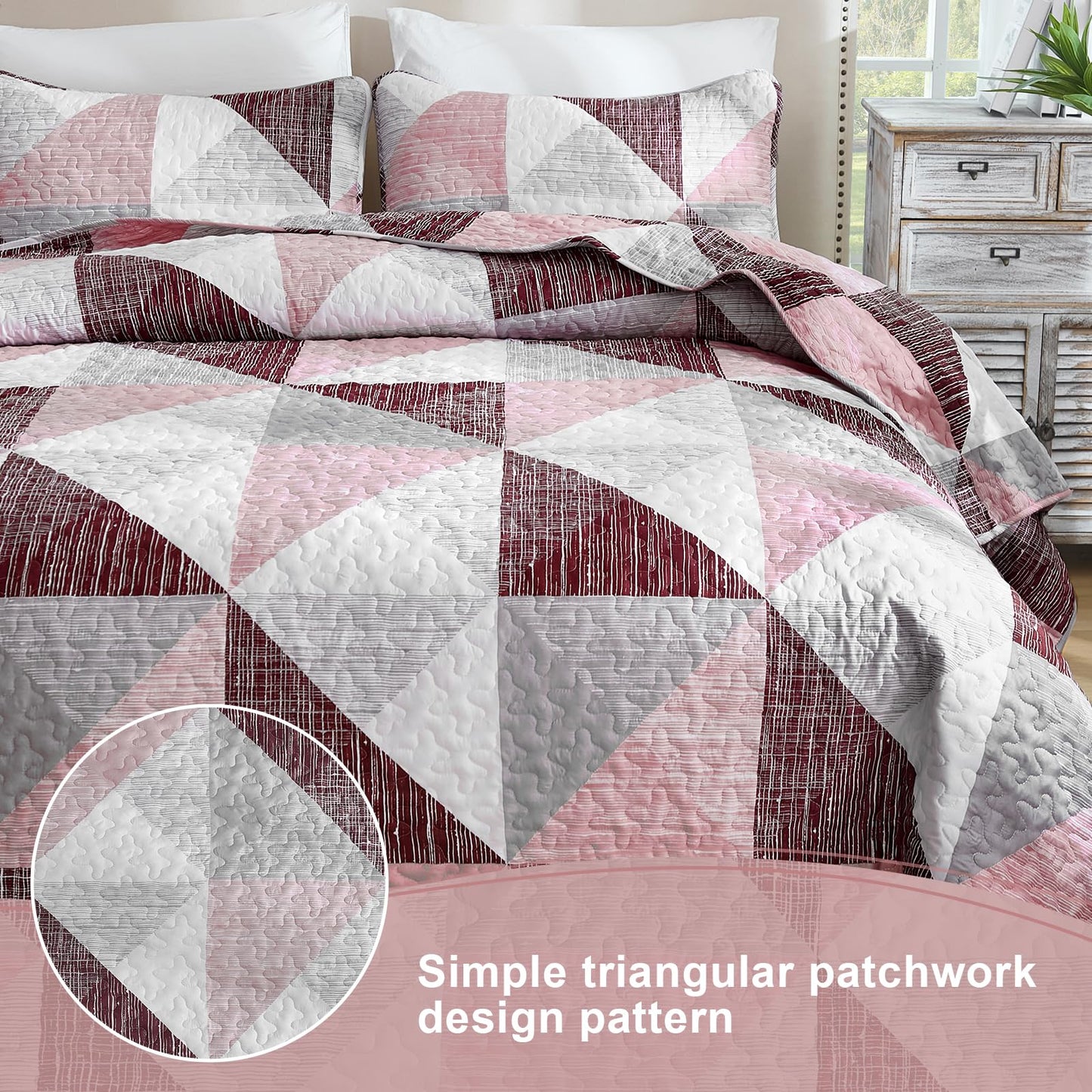 Dintszyayue Pink Quilt Queen Size, 3 Pieces Triangular Patchwork Bedspread Bedding for Queen Size Bed, Soft Lightweight Microfiber Geometric Coverlet Set for All Spring Quilt with 2 Pillowcases90 x96