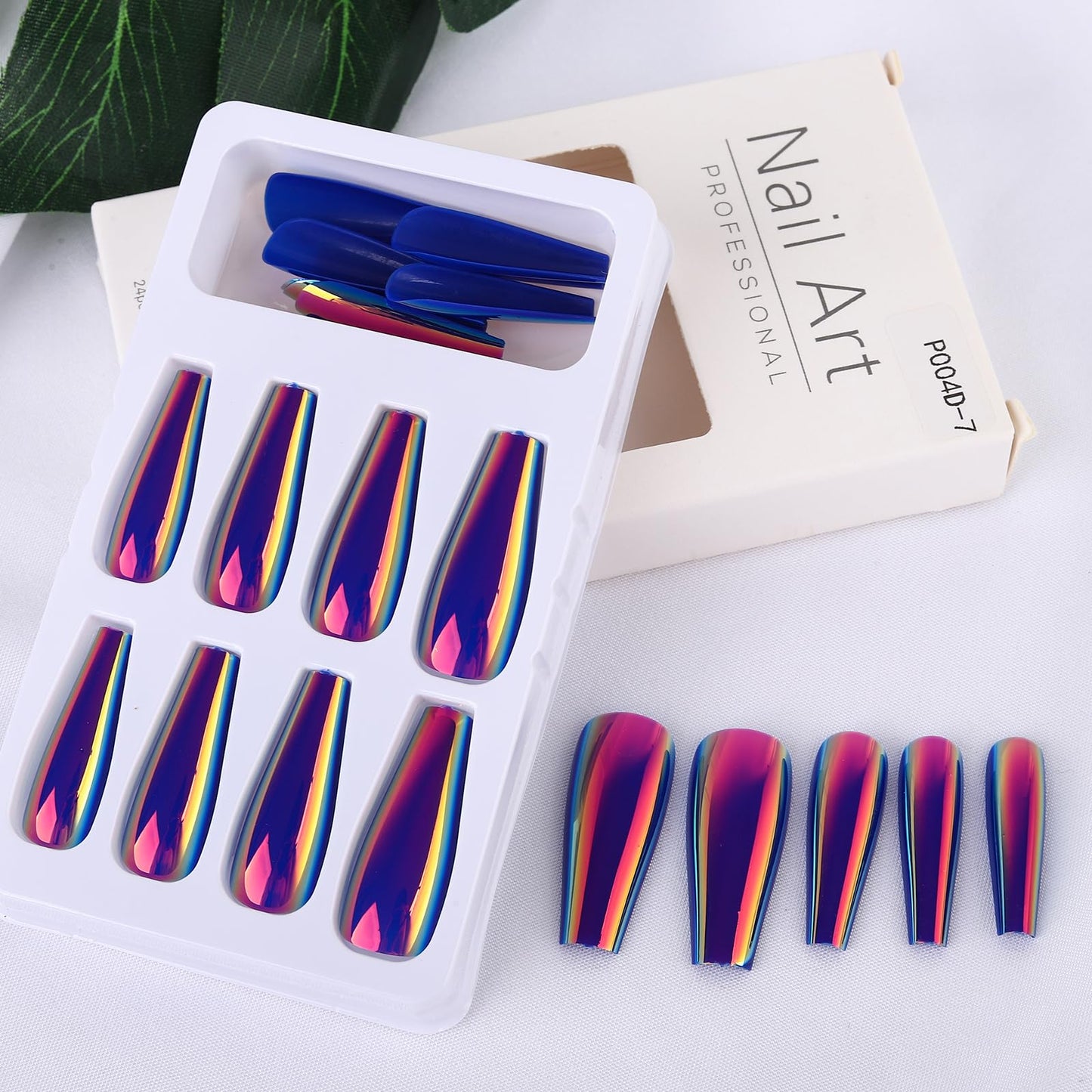 ROFIBUT 24PCS Chrome Press on Nails Fluorescent Laser Mirror Holographic Coffin False Nails Metallic Arts Long Ballerina Glue on Nails Holographic Coffin False Nails Laser Mirror Nails