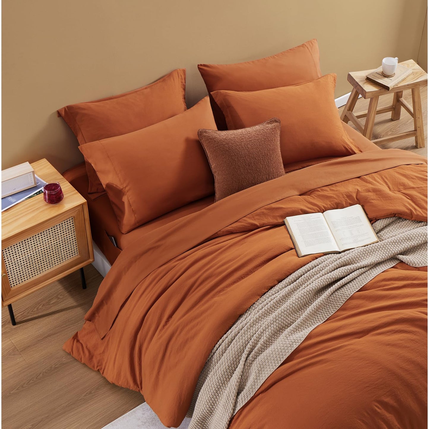 WRENSONGE Queen Comforter Set- 7 Pieces Soft Burnt Orange Bed in a Bag with Fitted Sheet, Flat Sheet, 2 Shams, and 2 Pillowcases-Warm Bed Sets Fall Comforter for All Seasons