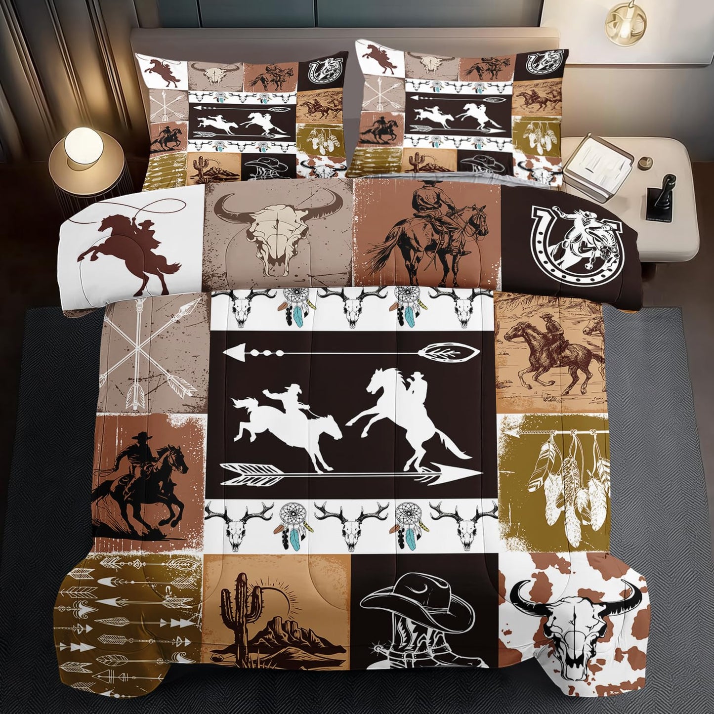 llyxsesty Cowboy Comforter Set Queen Western Bedding Set for Teens Desert Cactus Comforter Queen Hunting Quilt Farmhouse Bedroom Decor America West Bedding Country Home Decor Bedroom