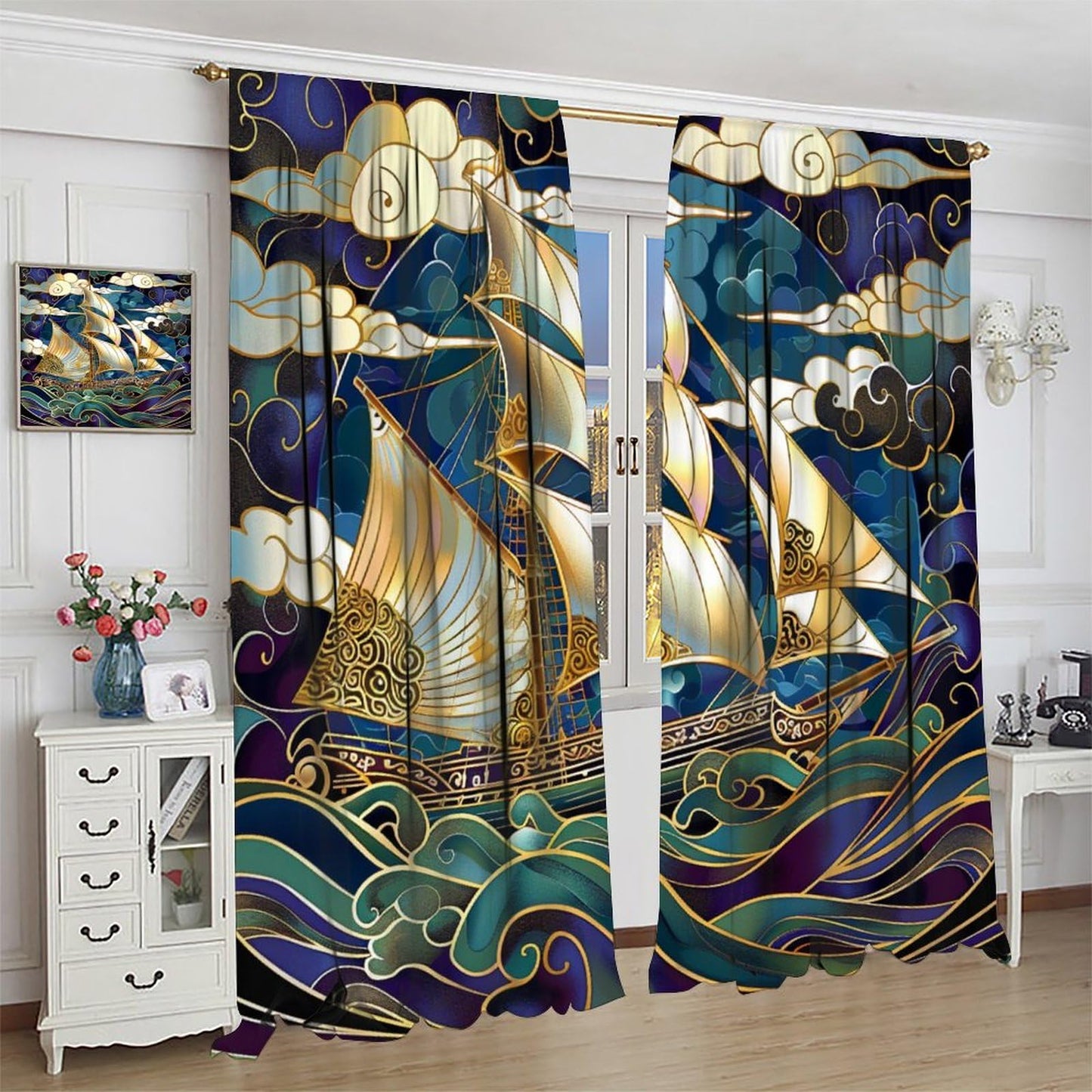 TOWINSFB Abstract Ocean Wave Sailboat Blackout Curtains for Living Room Bedroom, Fantasy Nautical Ship Cloud Window Curtains Rod Pocket Thermal Insulated Window Drapes, 2 Panels, Each 21W x 45L