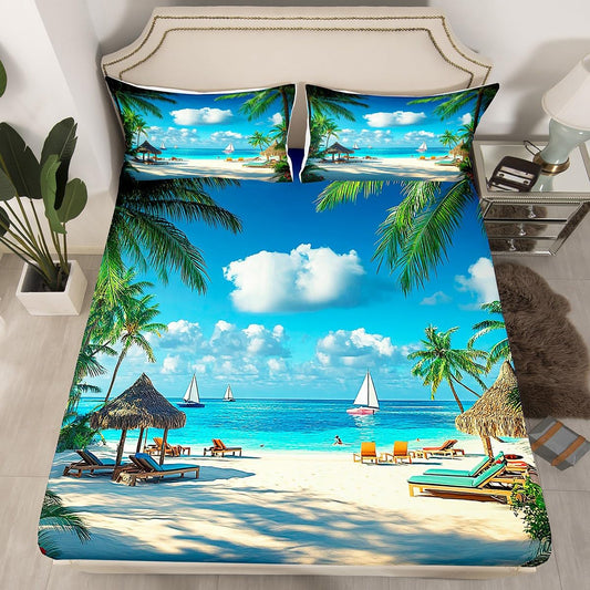 jejeloiu Hawaiian Beach Fitted Sheet Full Size Kids Palm Leaf Bed Sheets Set for Boys Girls Teens Sea Ocean Wave Summer Coastal Natural Scenery Bedding Set Room Decor