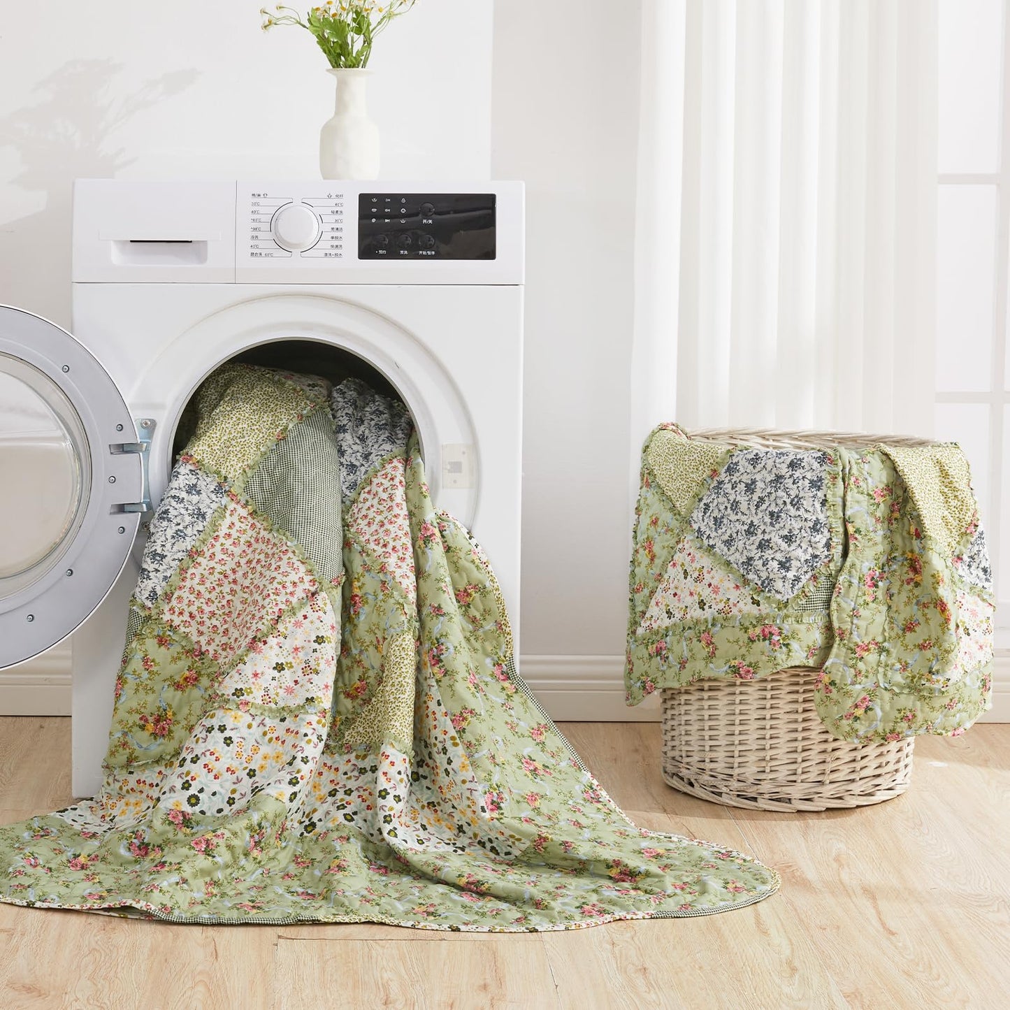 VIVILINEN Full Queen Size Green Patchwork Quilt Set Reversible Quilted Bedspread Coverlet Set 3-Piece Floral Lightweight Comforter Stitched Bedding Set Bed Sheet Set Cover Blanket with 2 Pillow Shams