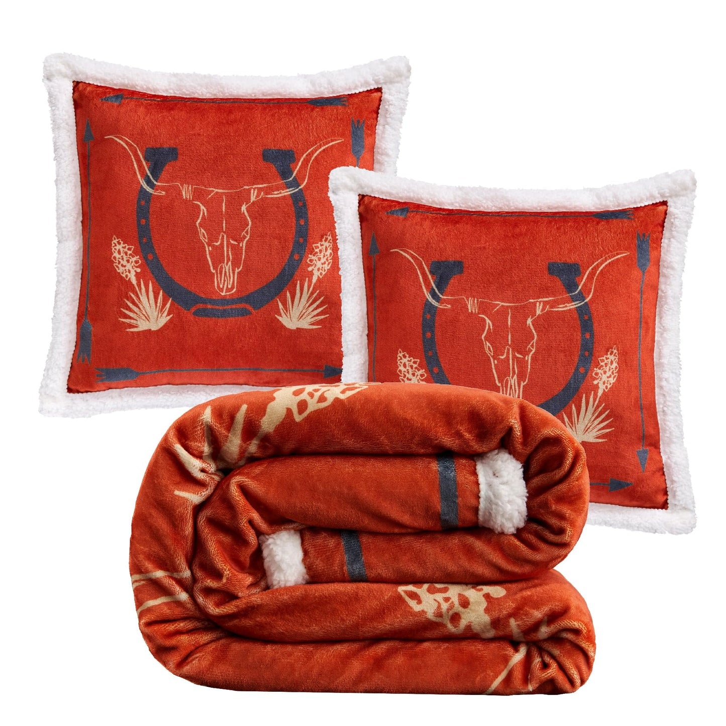 Indigo Hill by HiEnd Accents Marfa 3 Piece Sherpa Western Throw Blanket Set, Cowboy Longhorn Scull Print, Western Blanket with Horseshoe Print Western Pillows, Southwest Style, 1 Throw and 2 Pillows
