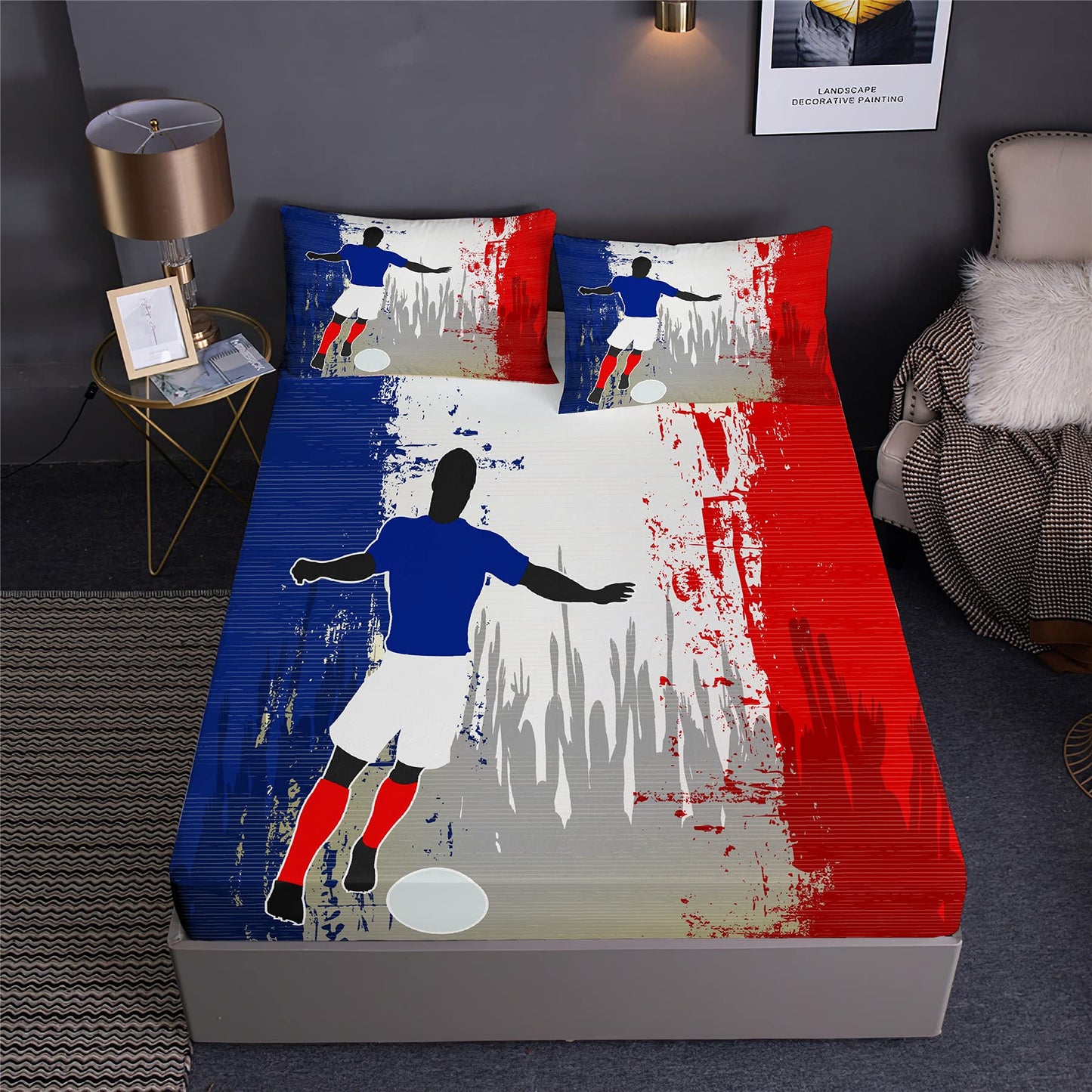 Boasorte France Soccer Design Fitted Sheet Set France National Football Team Prints Bedding Set | with Fitted Sheet and 2 Pillowshams(3pcs) or Comforter(4pcs) (D,Twin-3PCS)