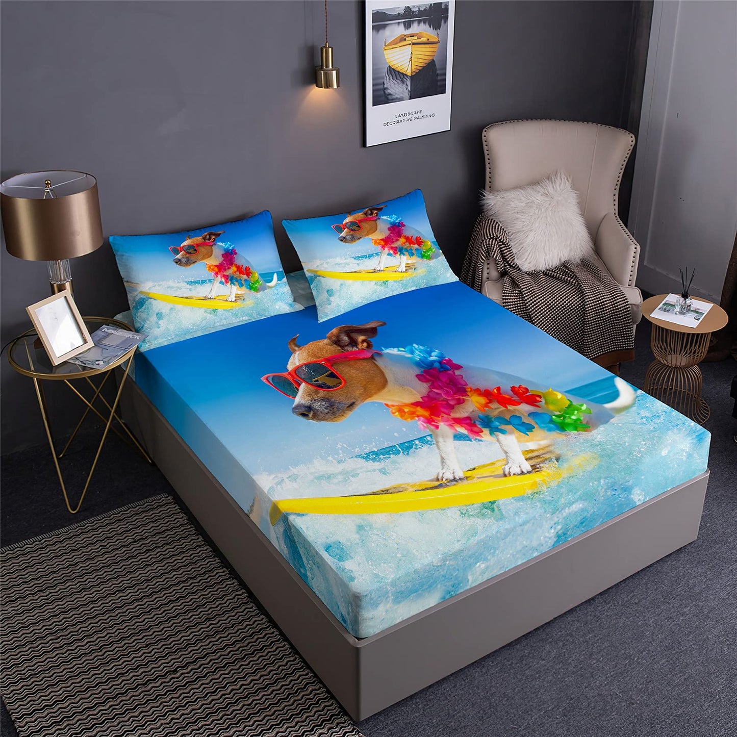 Boasorte Summer Beach Surfing Prints Fitted Sheet Set Extreme Sport Ocean Wave Surfboard Design Bedding Set | with Fitted Sheet and 2 Pillowshams(3pcs) or Comforter(4pcs) (D,Twin-3PCS)