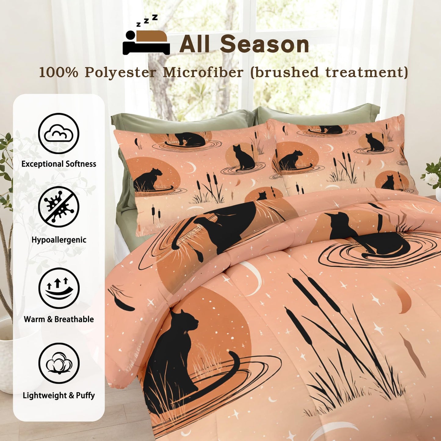TANCAPRIUM Black Cat Comforter Set Twin - Boho Moon Bedding Set & 2 Pilow Cases for All Season - Soft Reversible Down Alternative 3 Piece. Witchy Bedrom Decor