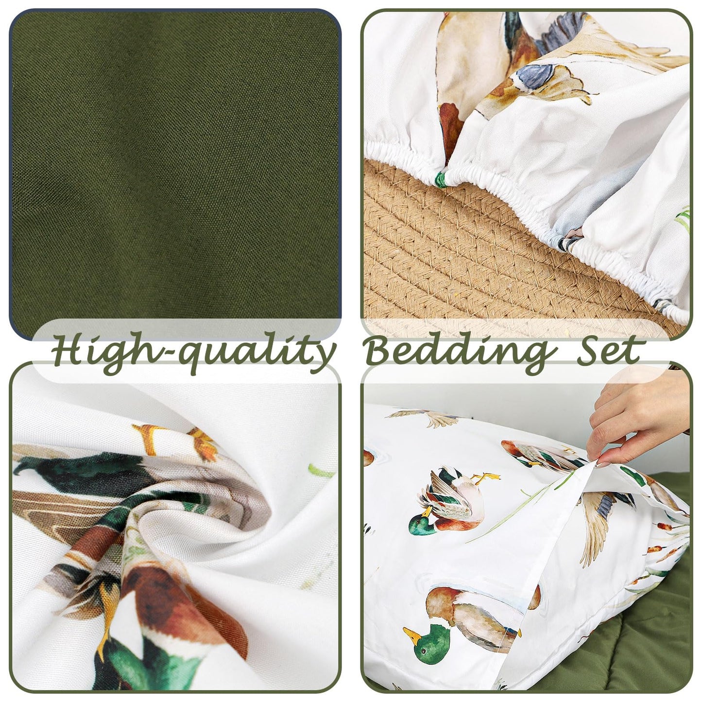 CARUILI Mallard Duck Toddler Bedding Set for Boys, 4 Pieces Soft Microfiber Green Toddler Comforter Set for 28" x 52" Toddler Mattress & Crib, Includes Comforter, Flat Sheet, Fitted Sheet, Pillowcase