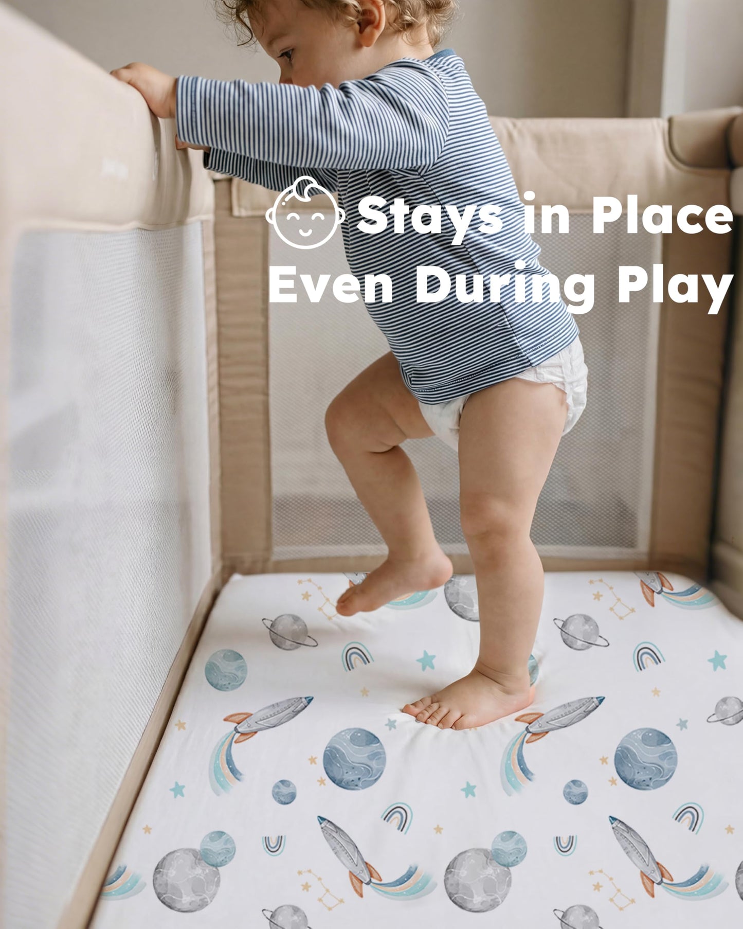 Nyessmee Pack and Play Sheets for Boys Girls, 38" x 26" Mini Crib Sheets Fitted for Pack n Play Mattress, Soft Breathable Playard Sheets, 2-Pack Blue Rocket