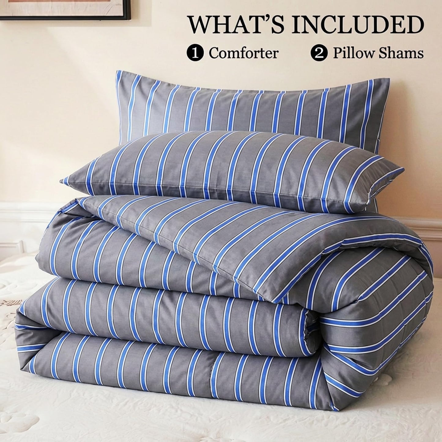 Merryword 100% Cotton Comforter Set King Size - Blue and Gray Striped Comforter with 2 Pillowcases, Luxury & Silky Soft Comforter Set for All Seasons