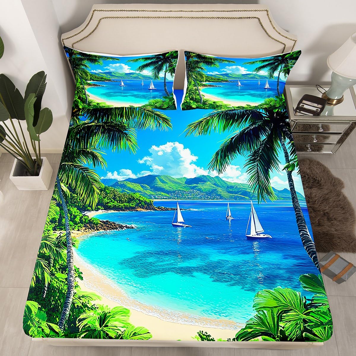 jejeloiu Beach Theme Fitted Sheet Full Size Kids Palm Leaf Bed Sheets Set for Boys Girls Teens Summer Ocean Wave Sailboat Printed Bedding Set Room Decor