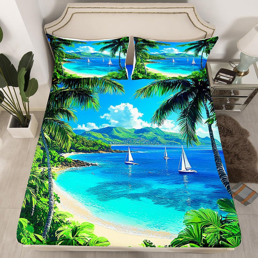 jejeloiu Beach Theme Fitted Sheet Full Size Kids Palm Leaf Bed Sheets Set for Boys Girls Teens Summer Ocean Wave Sailboat Printed Bedding Set Room Decor