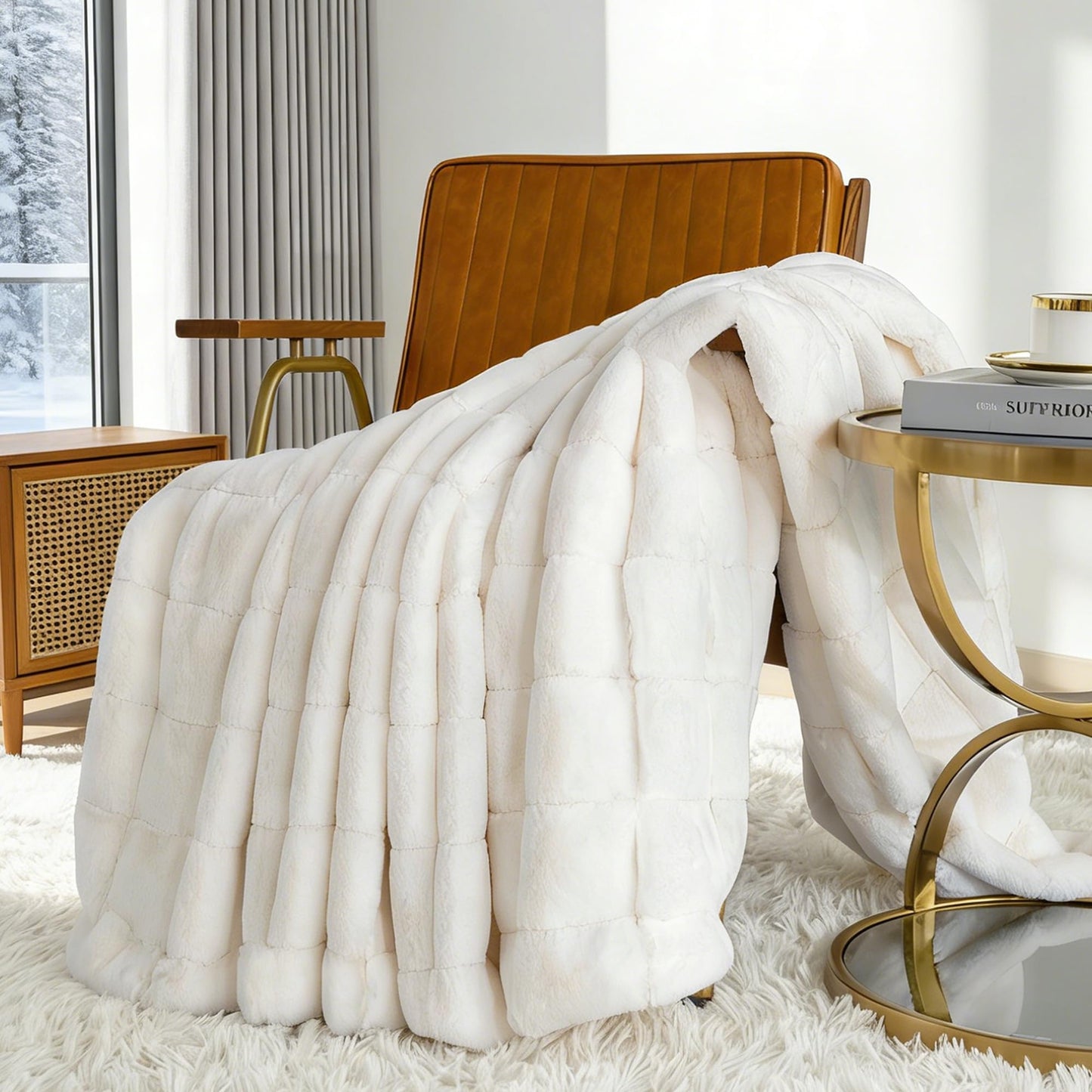 Touchat Faux Fur Throw Blanket, Luxury 1000GSM Ultra Thick Warm Rabbit Blanket for Couch Bed Sofa, 3D Checkered Pattern Soft Winter Heavy Minky Fluffy Blankets for Women Christmas Birthday Gift, White