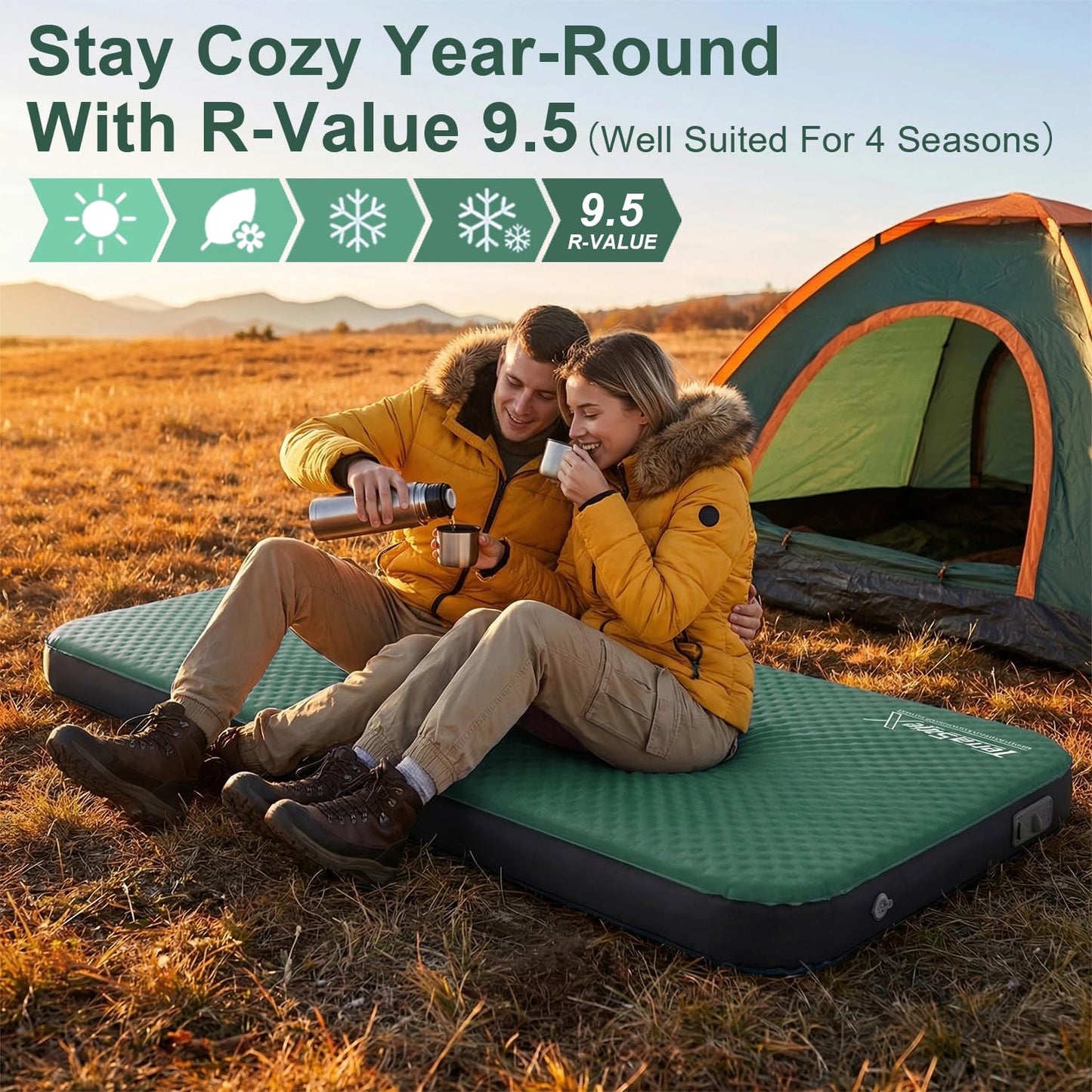 Terra Sage X Hybrid Comfort Camping Air Mattress, Self-Inflating Memory Foam Sleeping Pad with Built-in Electric Pump, 4.5" Thick Insulated Support for Bed-Like 4-Season Tent Sleep(Single,Green)