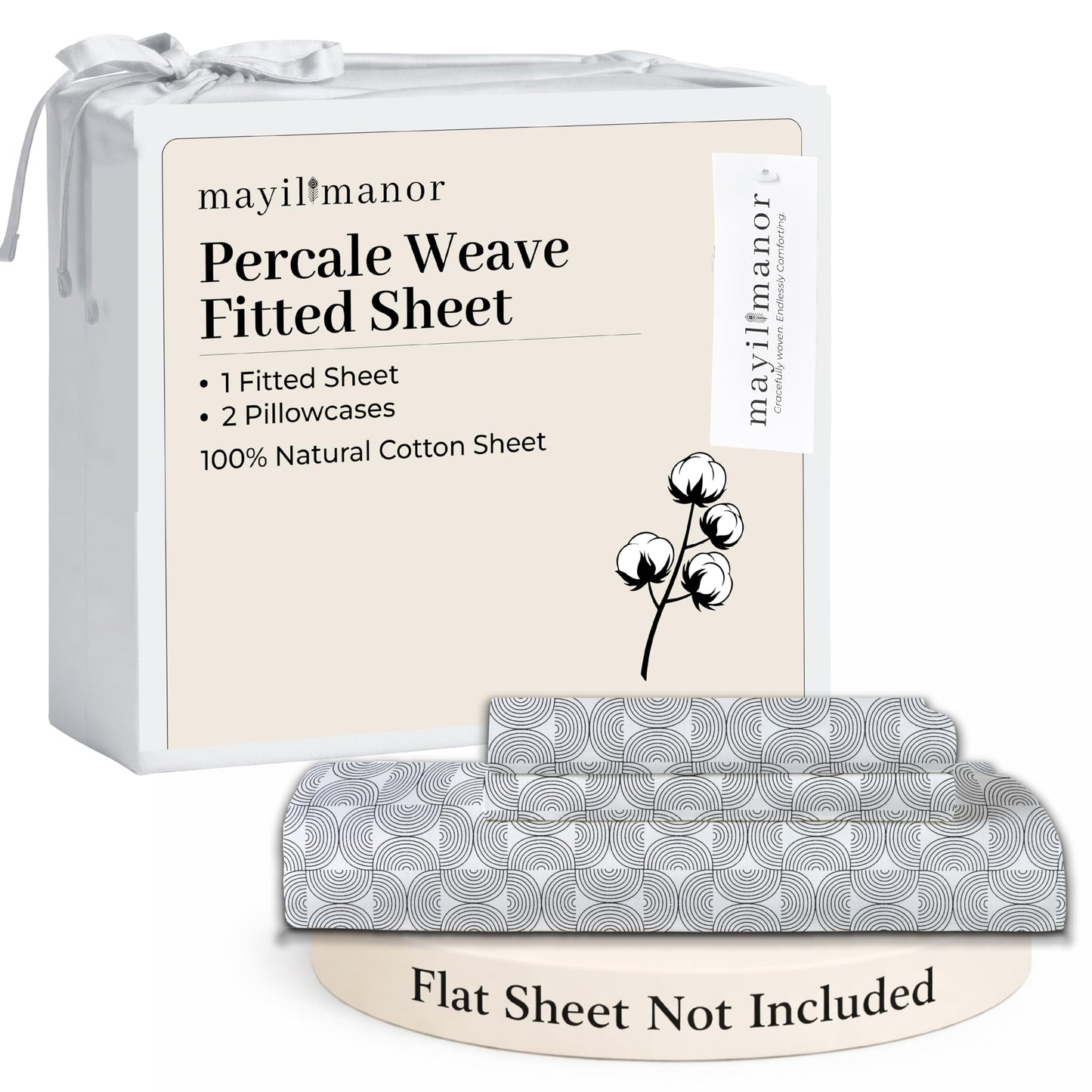 Mayil Manor Queen Size Fitted Sheet with 18" Deep Pockets, No Flat - Percale Weave Natural - Breathable 100% Cotton Printed Bedding, 1 Fitted Sheet + 2 Pillowcases - Semi Circle Print
