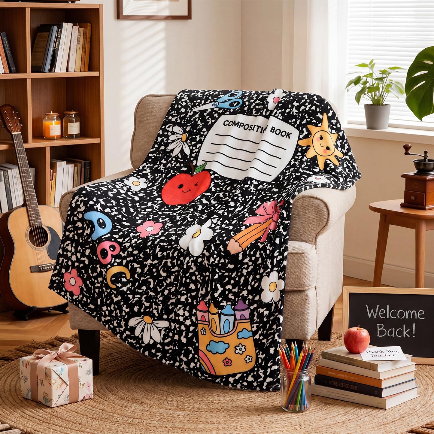 Remagr Back to School Blankets 60"x 50" Composition Notebook Throw Blanket Plush Lightweight Flannel Blankets for End of Year Back to School Graduation Sofa Couch Travel Bed Decoration